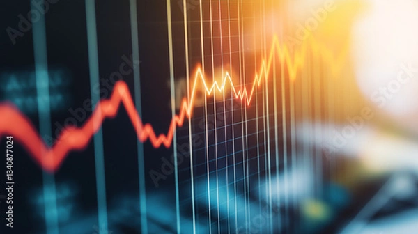Fototapeta red financial chart reaching ceiling limit with blurred office documents and calculators, symbolizing salary cap and budget restrictions under natural light, shallow depth for economic policy barriers
