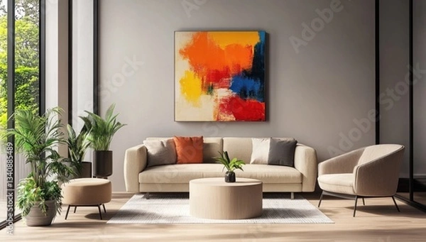 Fototapeta A Modern Living Room Decorated with Plants and Abstract Art
