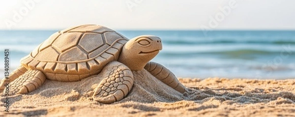 Fototapeta A sand sculpture of a turtle resting on the beach, with gentle waves in the background under a clear sky.