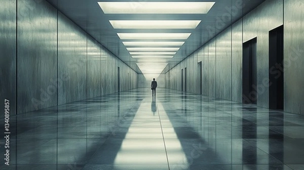 Obraz A solitary figure stands in a vast, reflective corridor, illuminated by soft overhead lights, creating a sense of depth and isolation.