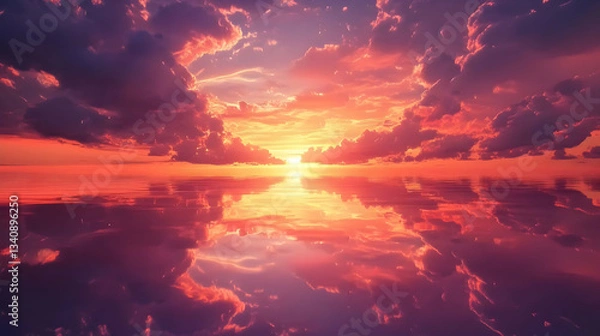 Fototapeta Majestic Sunset: Fiery Sky Reflected in Calm Waters
