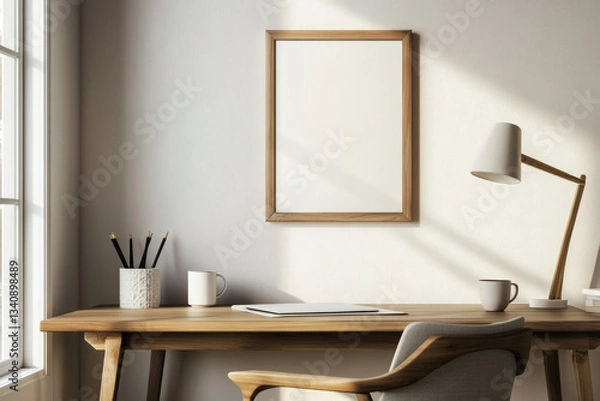 Fototapeta Scandinavian Home Office with White Picture Frame Mockup and Minimalist Wooden Desk
