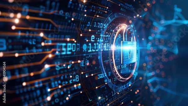 Fototapeta A digital illustration showcasing a secure lock symbol overlaid on a network of glowing circuit lines, symbolizing cybersecurity and data protection.
