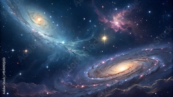 Fototapeta A cosmic-inspired abstract background featuring swirling galaxies, shimmering stars, and ethereal clouds of iridescent hues, creating a sense of infinite depth