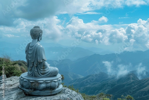 Obraz Ancient statue great Buddha on bright holiday composition, abstract vivid composition consists of fictional unreal fantastic vision on background