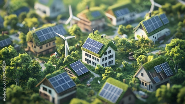 Fototapeta Rendering of a sustainable city featuring green roofs, solar panels, and smart wind turbines as part of the renewable energy infrastructure.