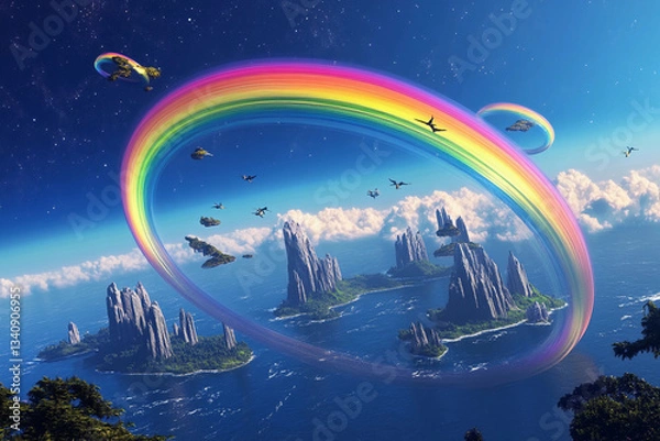 Fototapeta Vibrant rainbow arches over floating islands in a surreal fantasy landscape with a celestial backdrop
