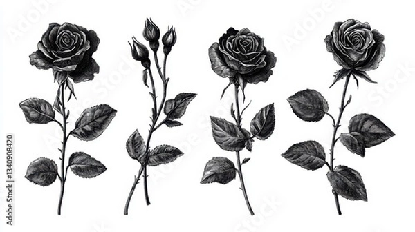 Obraz A highly detailed black and white ink illustration of four roses in different stages of bloom, drawn in a retro-sketch style with intricate linework.