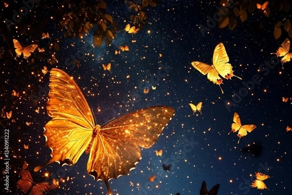 Fototapeta Butterflies illuminate a starry night sky in a mesmerizing display of nature's beauty and magic