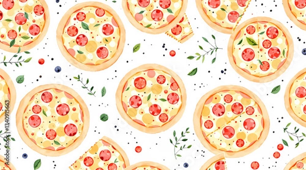 Fototapeta Seamless watercolor pattern featuring isolated pizza slices on a clean white background ideal for fast food and Italian cuisine designs