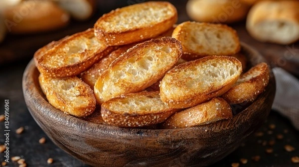 Fototapeta Crispy toasted bread slices in a wooden bowl
