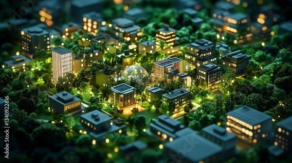 Fototapeta digital 3d isometric illustration of an illuminated eco-smart city at night