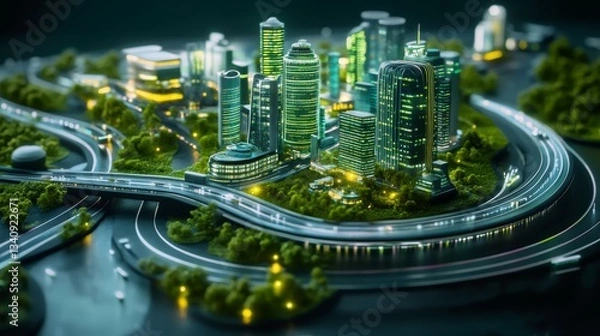 Fototapeta digital 3d isometric illustration of an illuminated futuristic eco-smart city