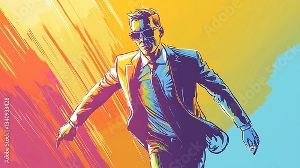 Fototapeta Line sketch a businessman, coloured background, dynamic pose