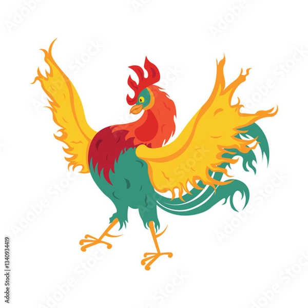 Fototapeta Cock. A bright colored rooster. A cartoon-style rooster. The vector illustration is isolated on a white background