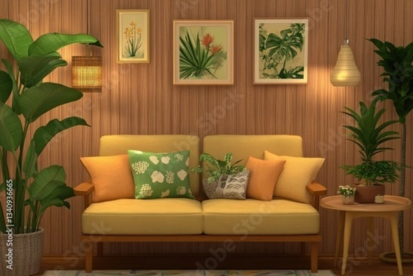 Obraz Cozy and Inviting Living Room A Serene Haven with Natural Light and Greenery