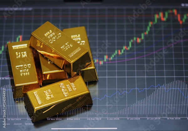 Fototapeta candlestick chart downtrends on mobile screens and gold bars Forex Trading Ideas Cryptocurrency and gold	