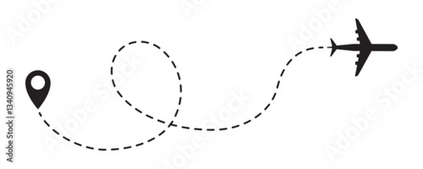 Obraz Dotted line of the airplane's route. The trajectory of an airplane. Aircraft path icon with a start point and a dash line. Tracking the flight path. EPS 10. Vector illustrations