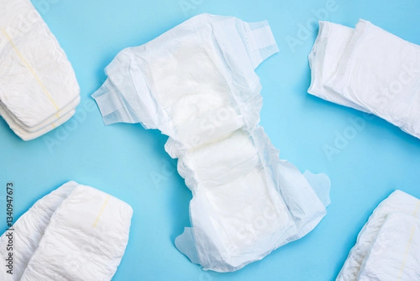 Fototapeta Many white diapers on light blue table background. Top view.