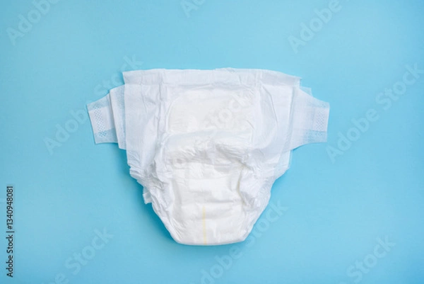 Fototapeta Diaper on light blue table background. Top view.
