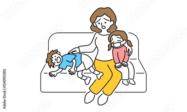 Fototapeta ソファに座っている母親と子供のイラスト