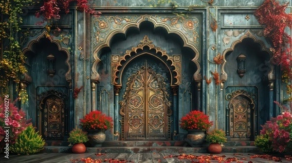 Obraz A blue building with three arched doors and a courtyard with potted plants