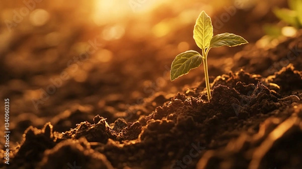 Fototapeta Close up of a small plant with three leaves growing in dark soil under a bright sunlight glow