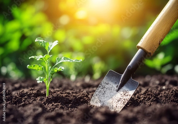 Obraz A small trowel presses into rich soil as a young seedling is planted in the garden, with vibrant green leaves and earthy textures symbolizing growth, farming, and sustainability.