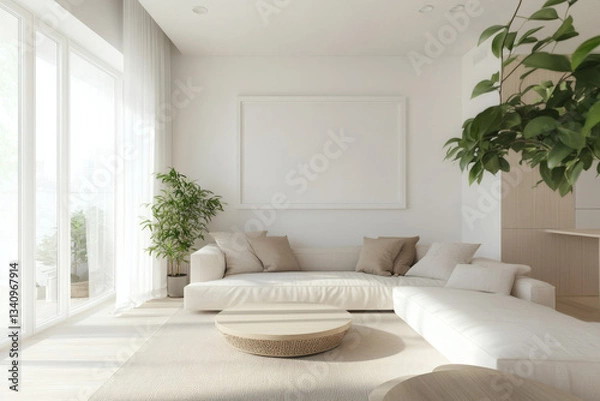 Fototapeta Bright Scandinavian Living Room with Large White Picture Frame Mockup