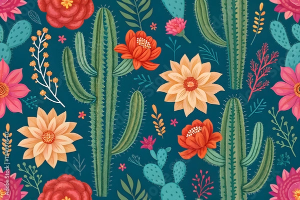 Fototapeta Vibrant Mexican Cactus Floral Pattern Colorful Desert Blooms with Festive Southwestern Style