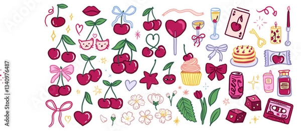 Fototapeta Elegant Сherry Sketch set. Cherries Vibe mood board. Bunch of decorative elements pretty charming bows and cherry berries. Berry icons for diary, card, stickers, design.