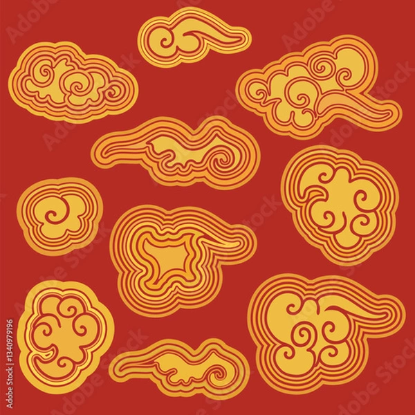 Fototapeta Gold clouds. Different template in chinese style for  design. Traditional asian auspicious symbols. Objects isolated on a red background. Vector set.