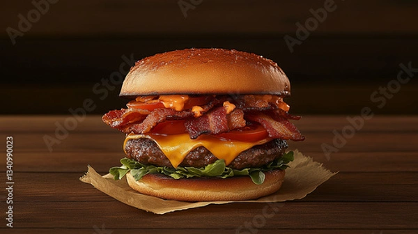 Fototapeta Delicious Cheeseburger with Bacon and Fresh Vegetables