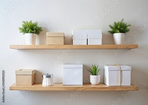 Fototapeta Calm Minimalist Interior: White Boxes on Wooden Shelf