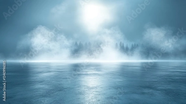 Fototapeta Misty winter night scene with a frozen lake reflecting moonlight and a distant forest shrouded in fog.