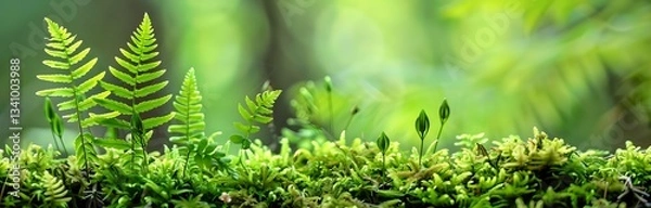Obraz Ferns and Moss in Lush Green Forest, Macro Shot