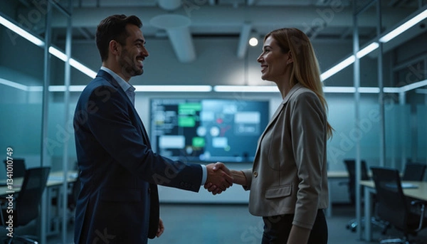 Obraz Business Professionals Shaking Hands in High-Tech Office After Successful Agreement