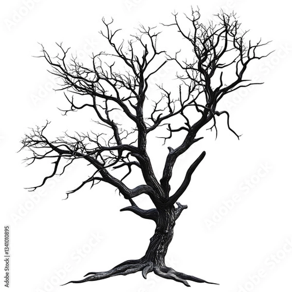 Fototapeta Dead dark ominous leafless spooky tree isolated on white and transparent background