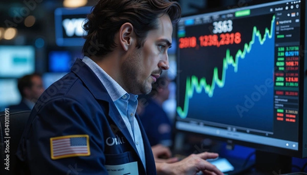 Obraz Stock Market Trader Analyzing Financial Data on Multiple Screens