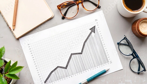 Fototapeta Rising Business Growth Chart on Office Desk with Financial Planning Items