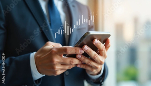 Fototapeta Businessman Using Smartphone for Financial Trading and Market Analysis