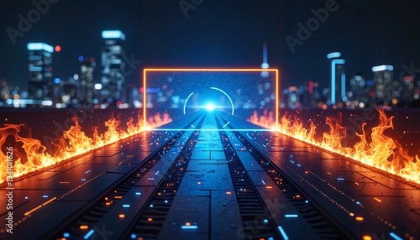 Fototapeta Futuristic Cyber Highway with Neon Lights and Fire in a Digital Cityscape
