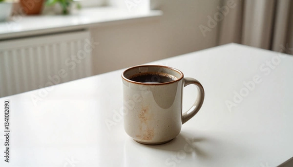 Fototapeta Rustic Ceramic Coffee Mug with Black Coffee on a Minimalist White Table