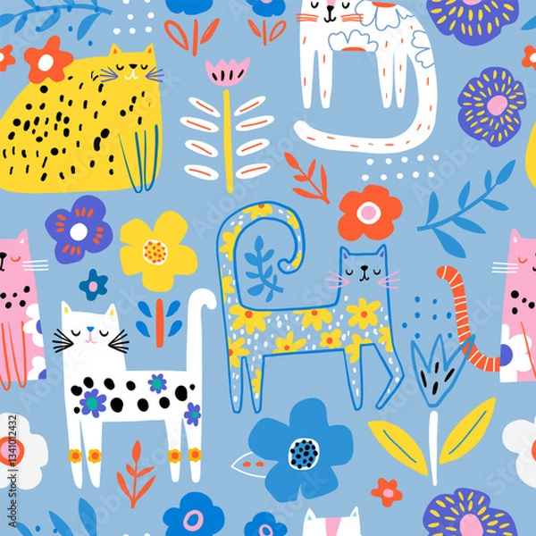 Obraz Seamless childish pattern with floral cute hand drawn cats. Creative pastel blue kids hand drawn texture for fabric, wrapping, textile, wallpaper, apparel. Vector illustration
