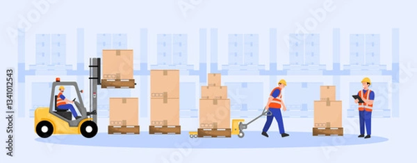 Obraz A vector illustration depicting a warehouse scene with workers operating a forklift and transporting boxes, showcasing logistics and material handling.