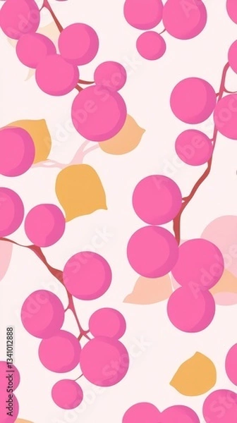 Fototapeta Beautiful Pink Floral Pattern with Grapes and Leaves.  A Perfect Seamless Design for Textiles, Wrapping, or Wallpaper.  Elegant and Modern Botanical Illustration.