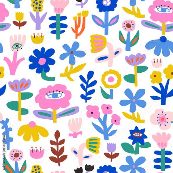 Fototapeta Seamless hand drawn floral pattern with eyes. Botanical creative texture herbaria, design for fabric, apparel, digital papers. Vector pastel background illustration. Plenty small flowers.