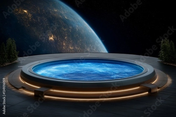 Fototapeta A luxury space cruise liner orbiting a distant planet, with passengers enjoying a weightless zero-gravity pool