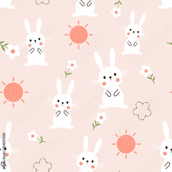Fototapeta Seamless pattern with bunny rabbit cartoons, daisy flower and sun on pink background vector. 