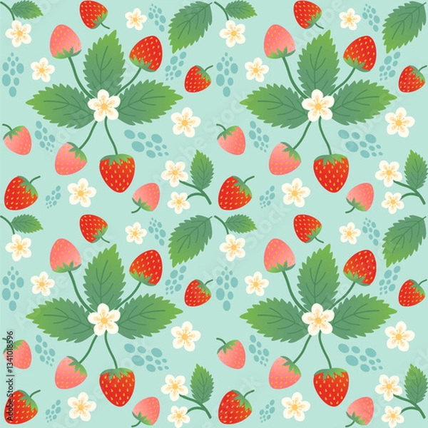 Fototapeta strawberry seamless pattern with flowers on green background.